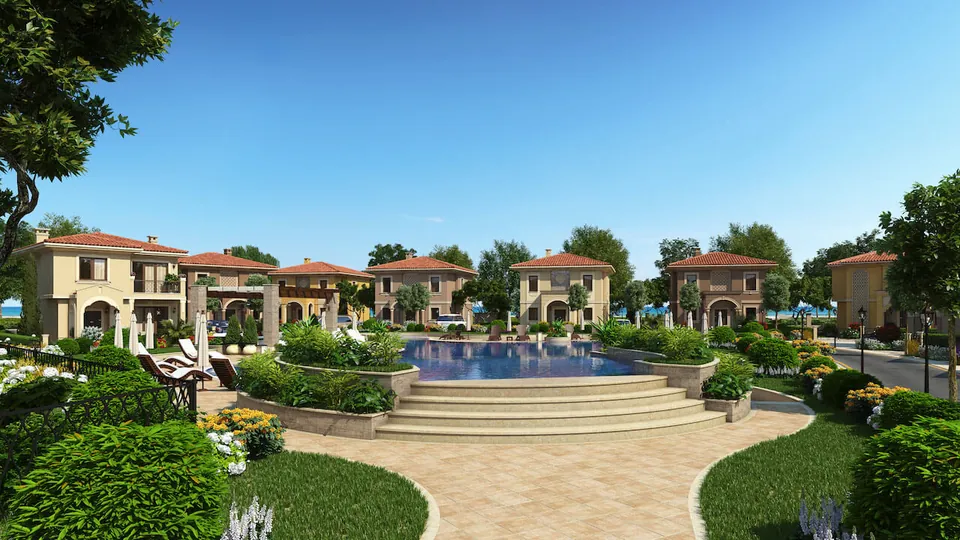 Round pool area with semicircular steps