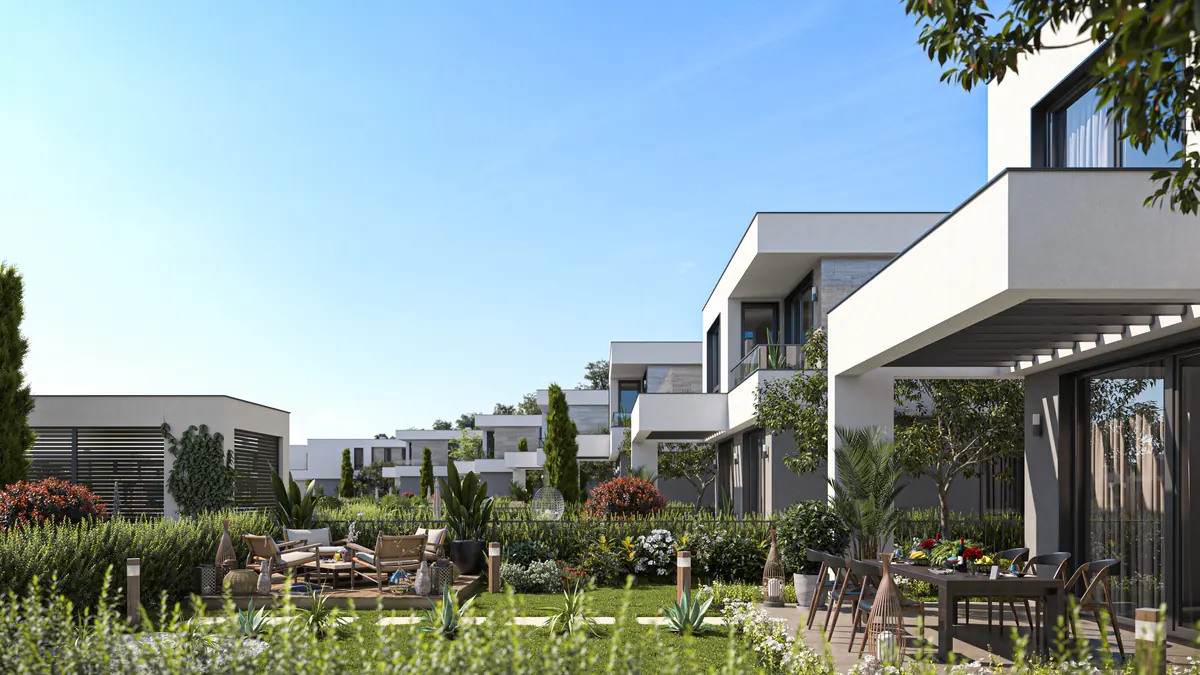Visualisation: gardens with terrace, pergola and seating area