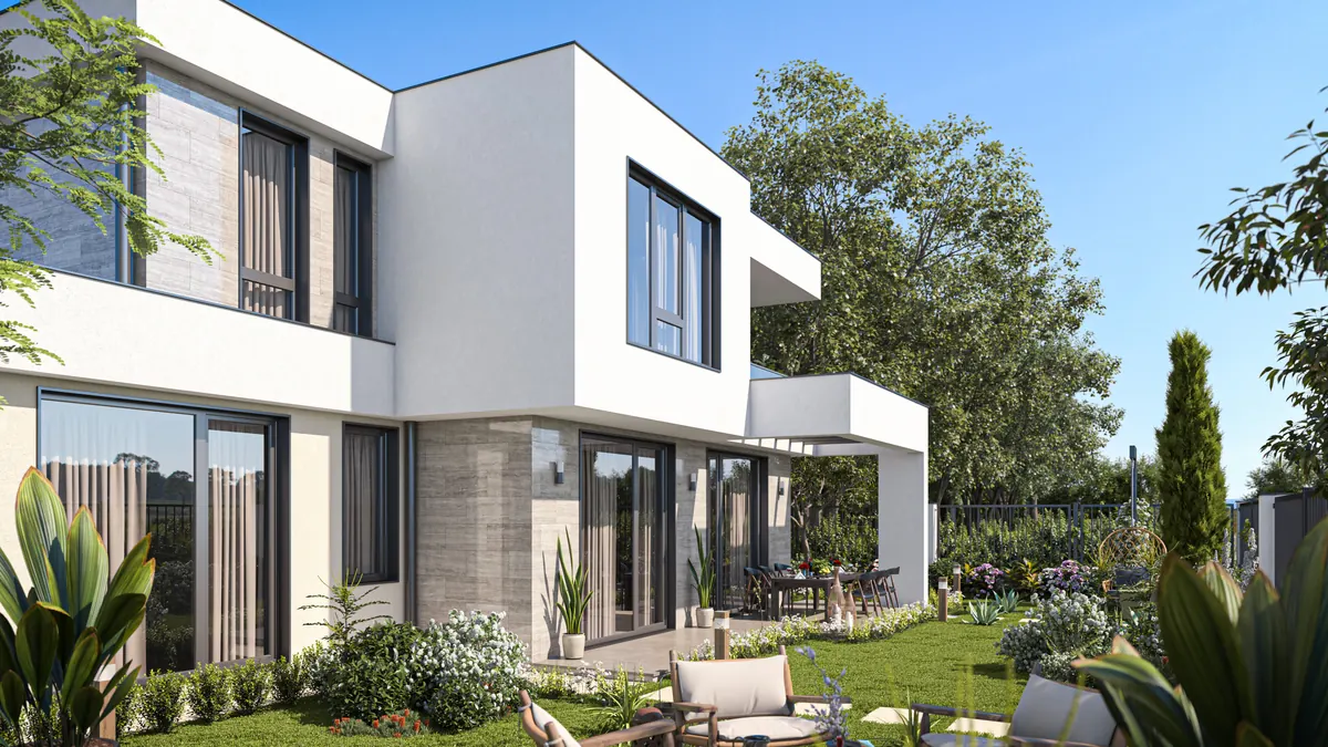 Visualisation: garden side with large sliding windows and lawn