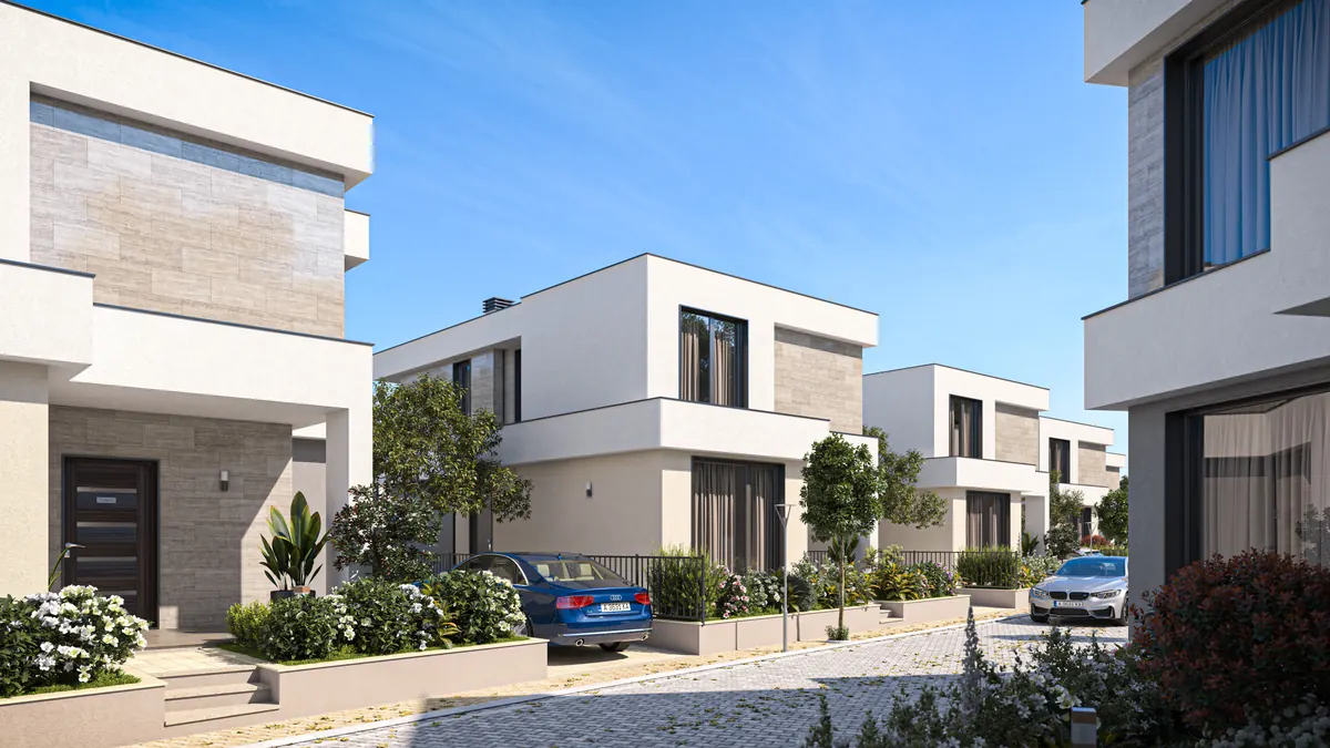 Visualisation: lane with house entrances and planters