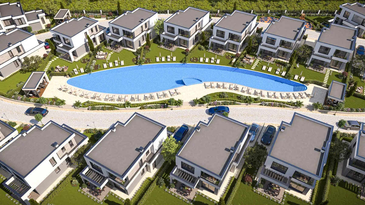 Visualisation: aerial view of the central pool and the villas