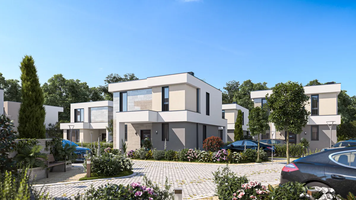 Visualisation: square on the internal street with detached villas