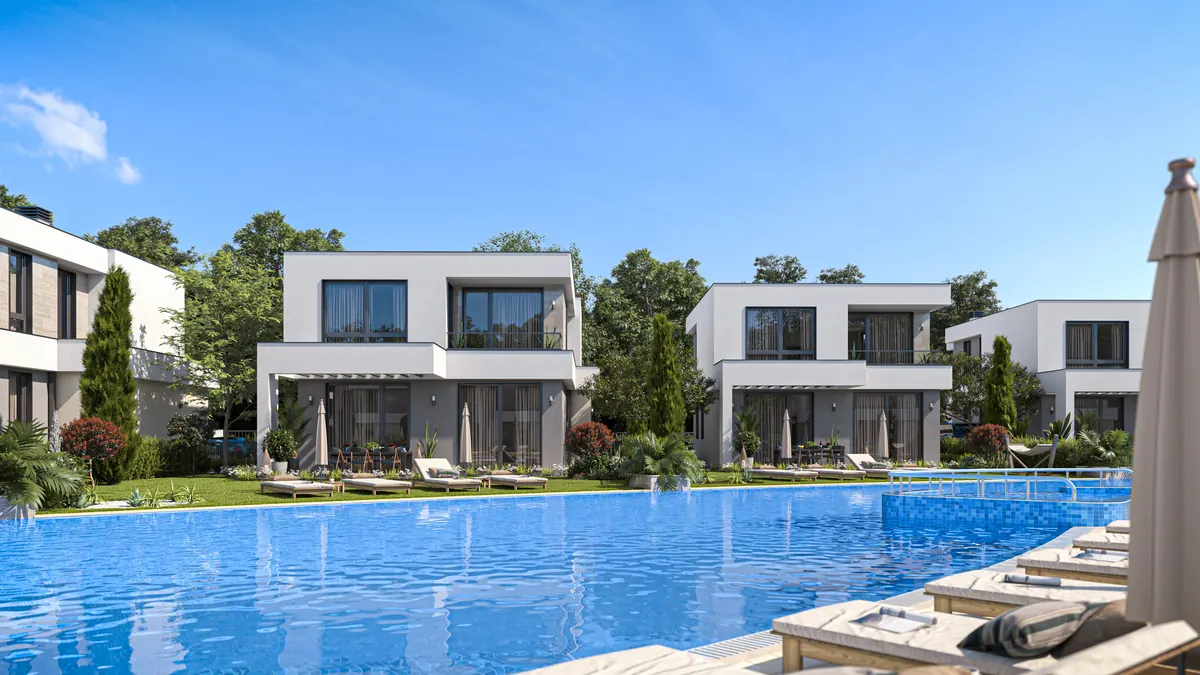 Visualisation: pool in front of three detached villas