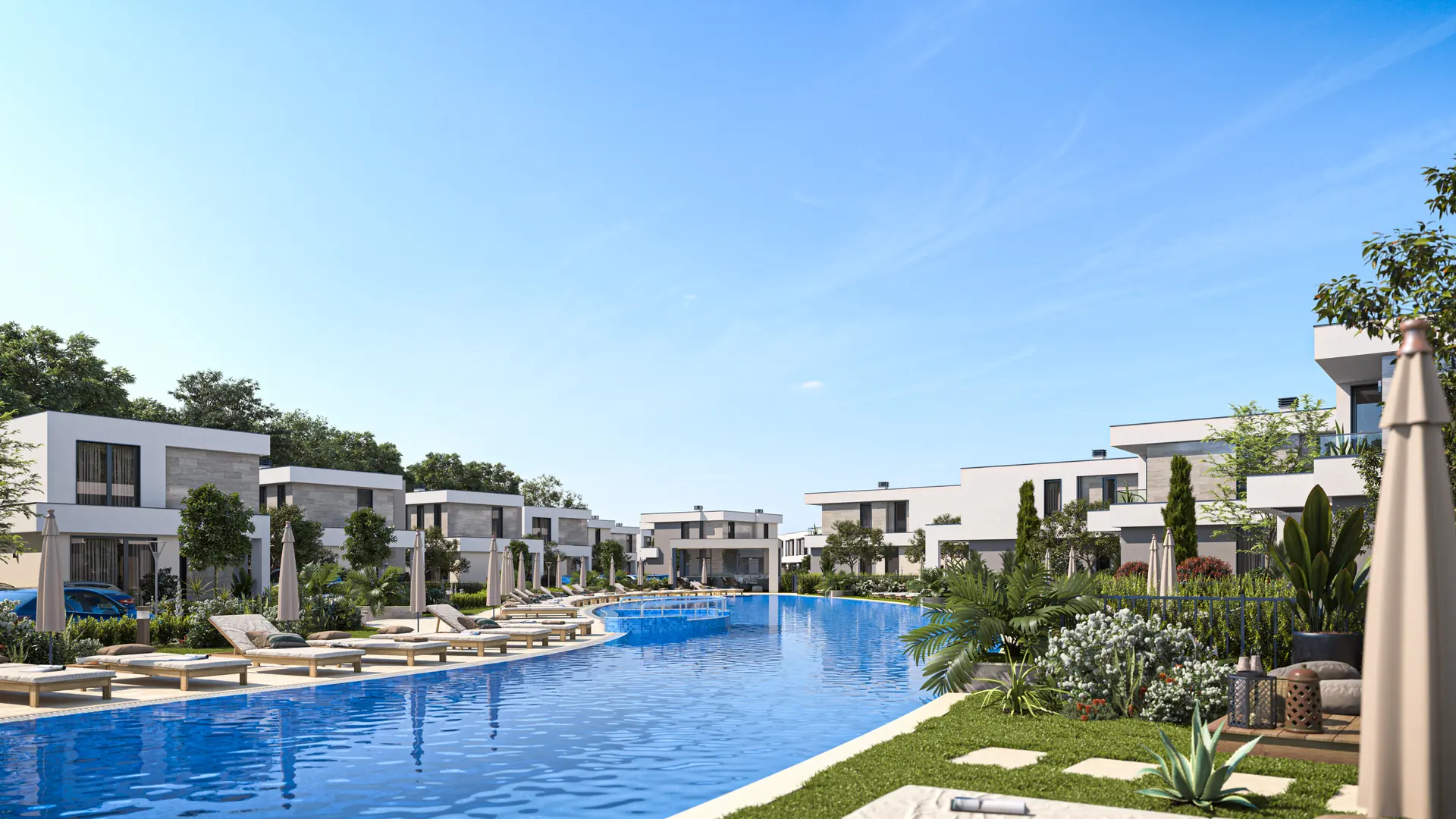Visualisation: curved communal pool with loungers
