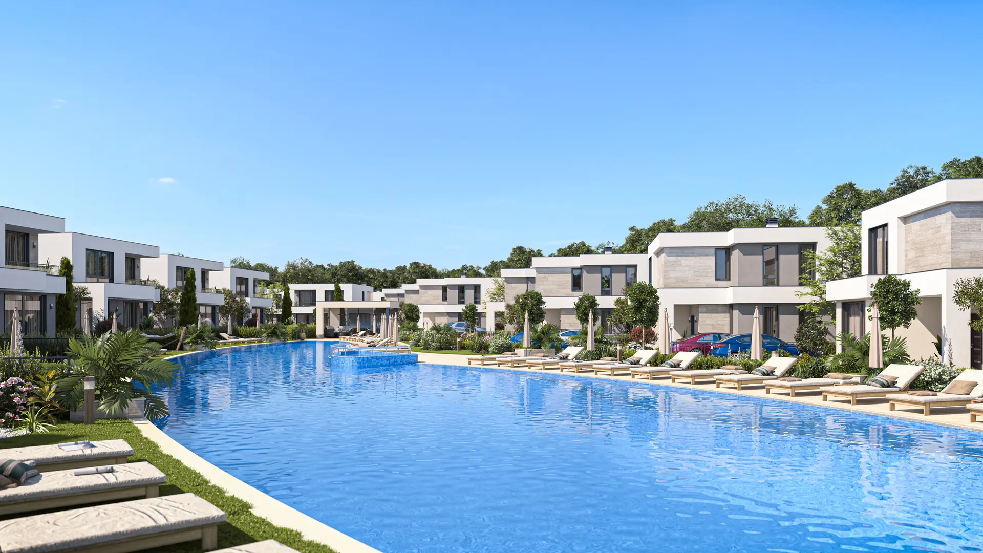 Visualisation: communal pool with the villas in an arc