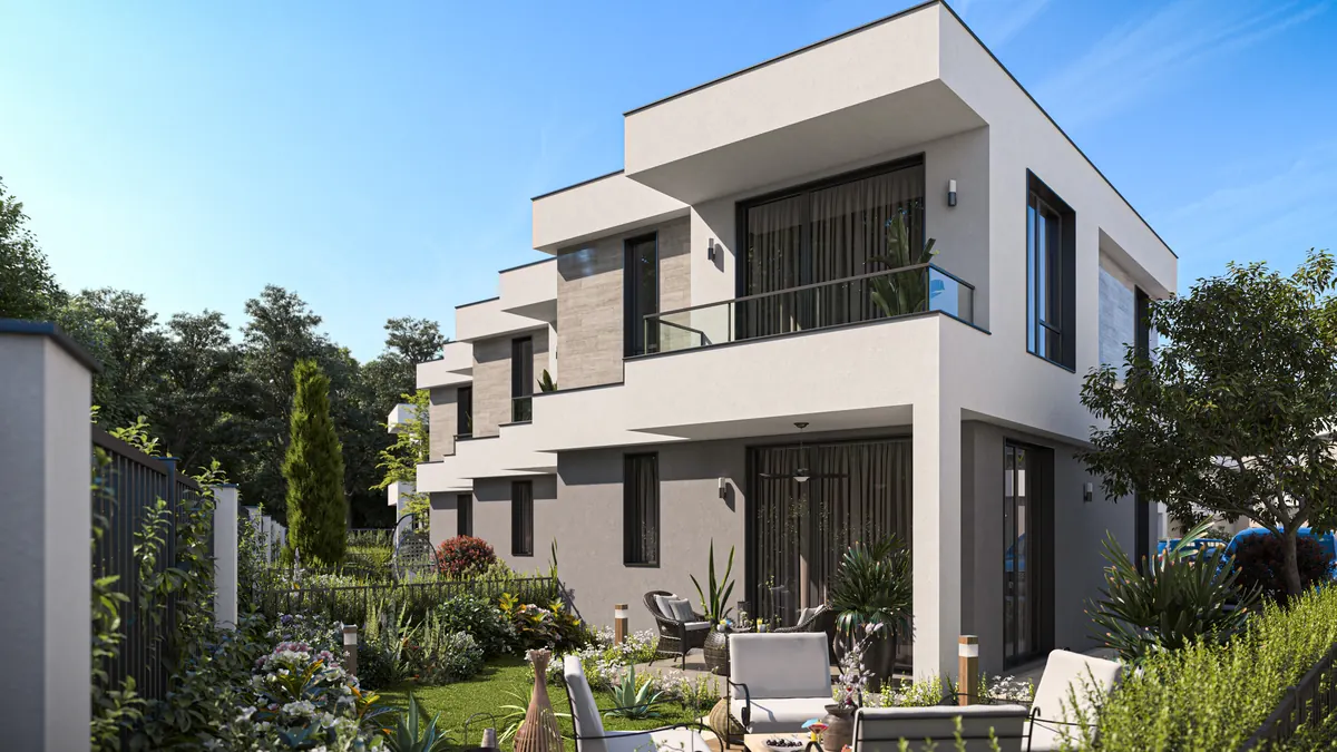 Visualisation: end house of a row with balcony and garden
