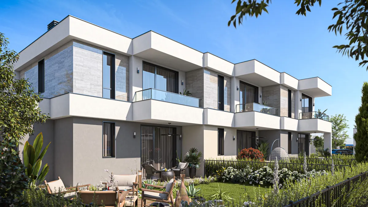 Visualisation: garden side of terraced houses with balconies