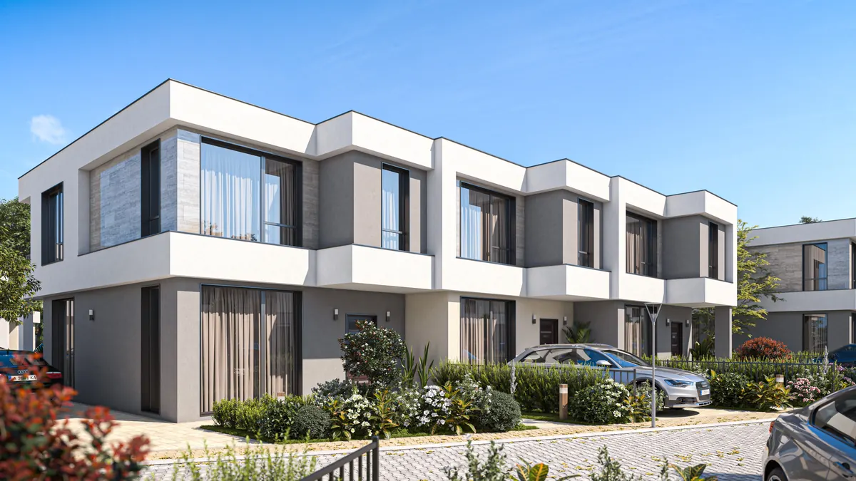 Visualisation: three terraced houses with front gardens and parking spaces