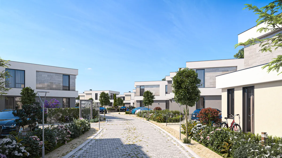 Visualisation: paved street between the villas with front gardens