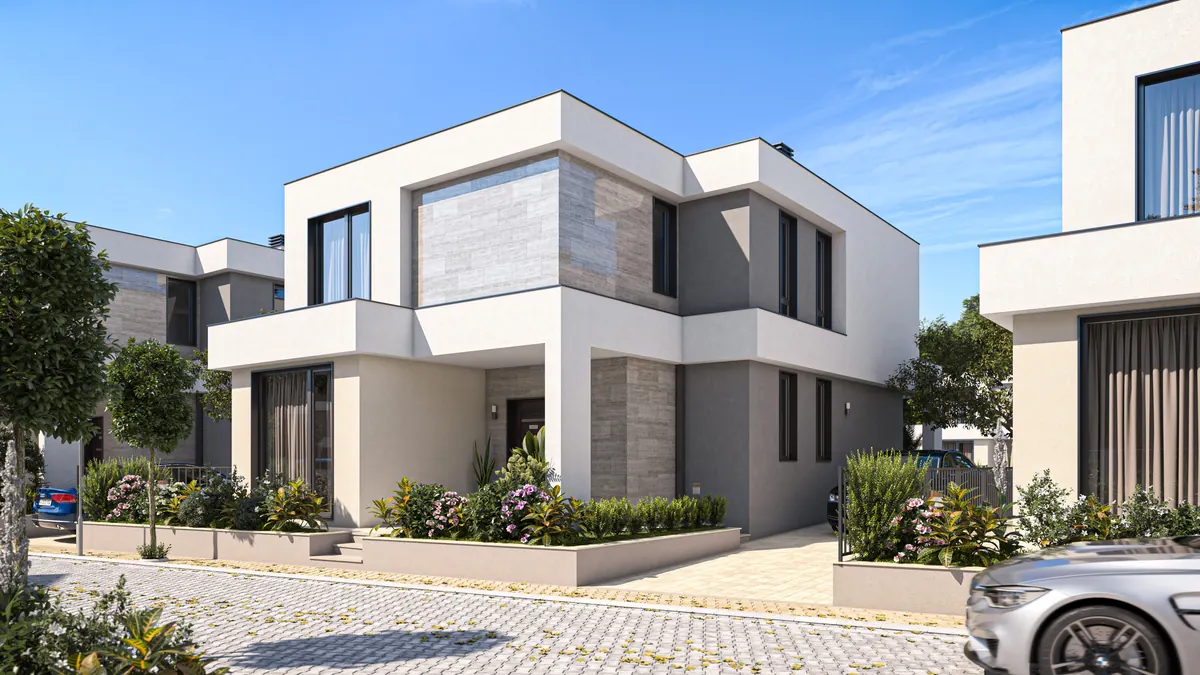 Visualisation: entrance side of a villa with canopy and stone cladding
